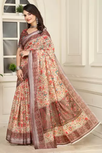 brown cotton blend saree floral border print
