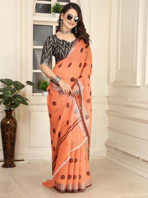 orange cotton blend saree polka dot print 3