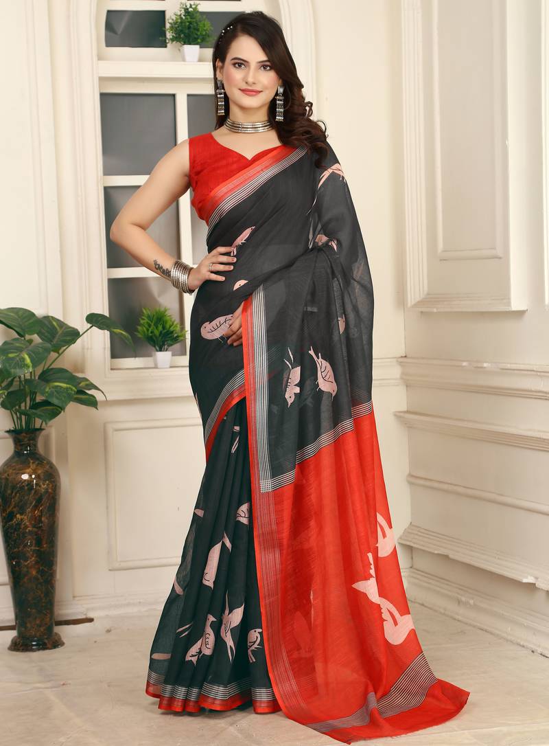 red black cotton blend digital print saree