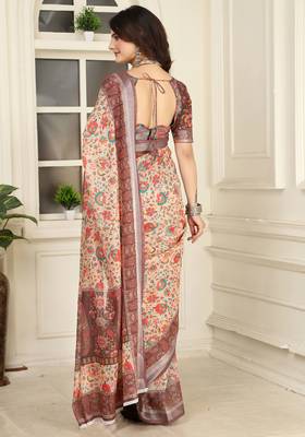 brown cotton blend saree floral border print 5