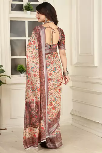brown cotton blend saree floral border print