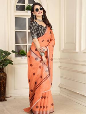 orange cotton blend saree polka dot print 4