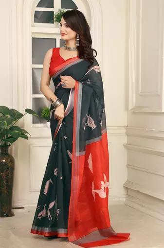 red black cotton blend digital print saree