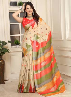 beige orange cotton blend saree with stripe floral print (sfcl204) 1