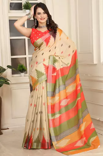beige orange cotton blend saree with stripe floral print