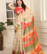 beige orange cotton blend saree with stripe floral print (sfcl204)