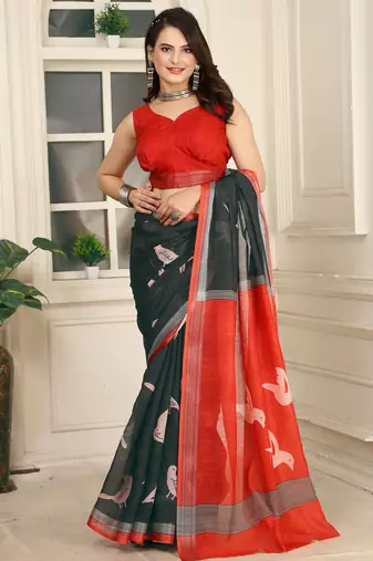 red black cotton blend digital print saree