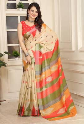 beige orange cotton blend saree with stripe floral print (sfcl204) 2