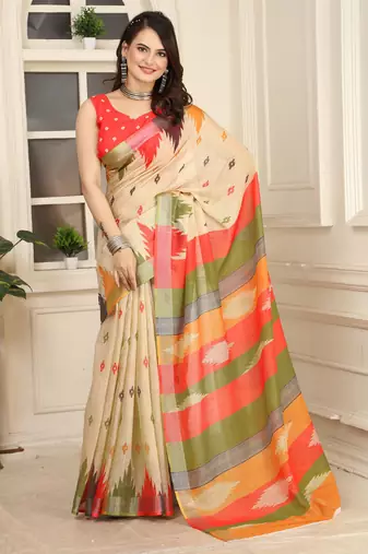 beige orange cotton blend saree with stripe floral print