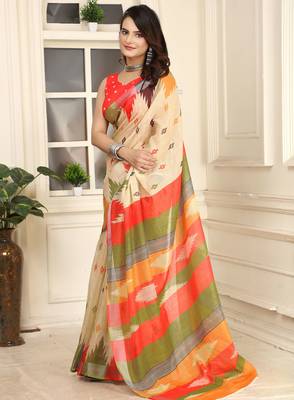 beige orange cotton blend saree with stripe floral print (sfcl204) 3