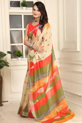 beige orange cotton blend saree with stripe floral print