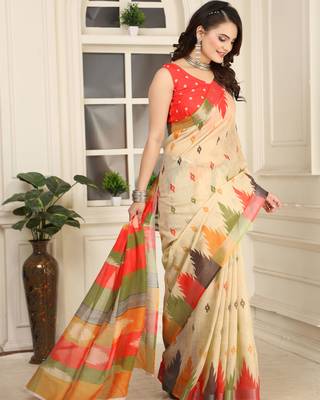 beige orange cotton blend saree with stripe floral print (sfcl204) 4