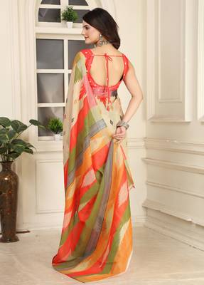 beige orange cotton blend saree with stripe floral print (sfcl204) 5