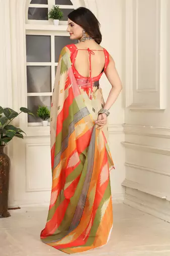 beige orange cotton blend saree with stripe floral print