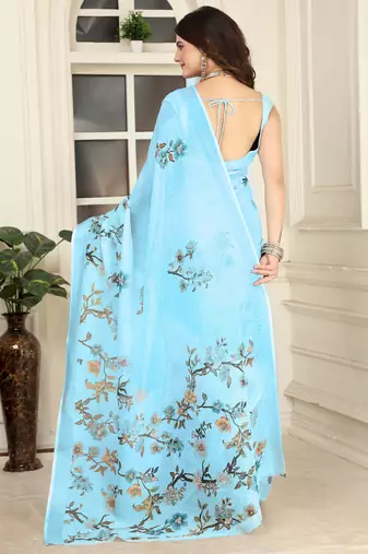 sky blue cotton blend digital print saree