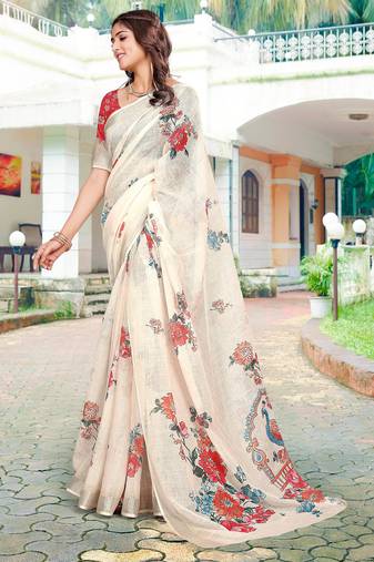 white red cotton blend saree floral print