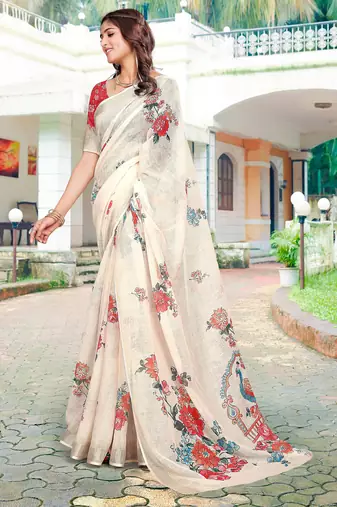 white red cotton blend saree floral print