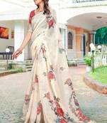 white red cotton blend saree floral print
