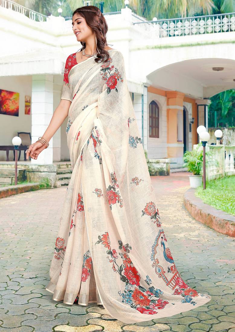 white red cotton blend saree floral print