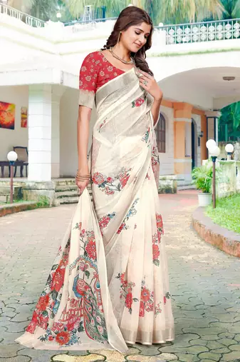 white red cotton blend saree floral print