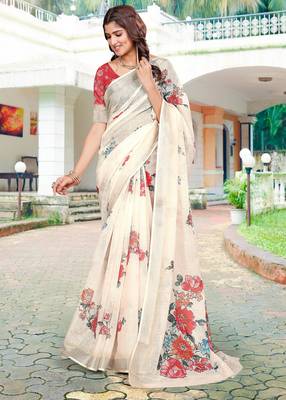 white red cotton blend saree floral print 3