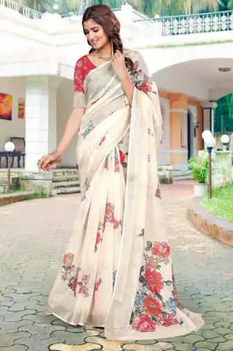 white red cotton blend saree floral print