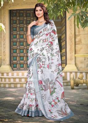 white cotton blend saree floral print 1