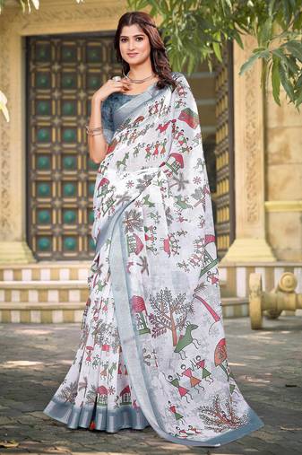 white cotton blend saree floral print