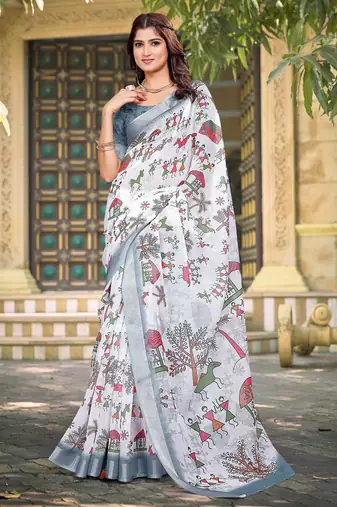 white cotton blend saree floral print