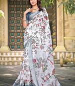 white cotton blend saree floral print