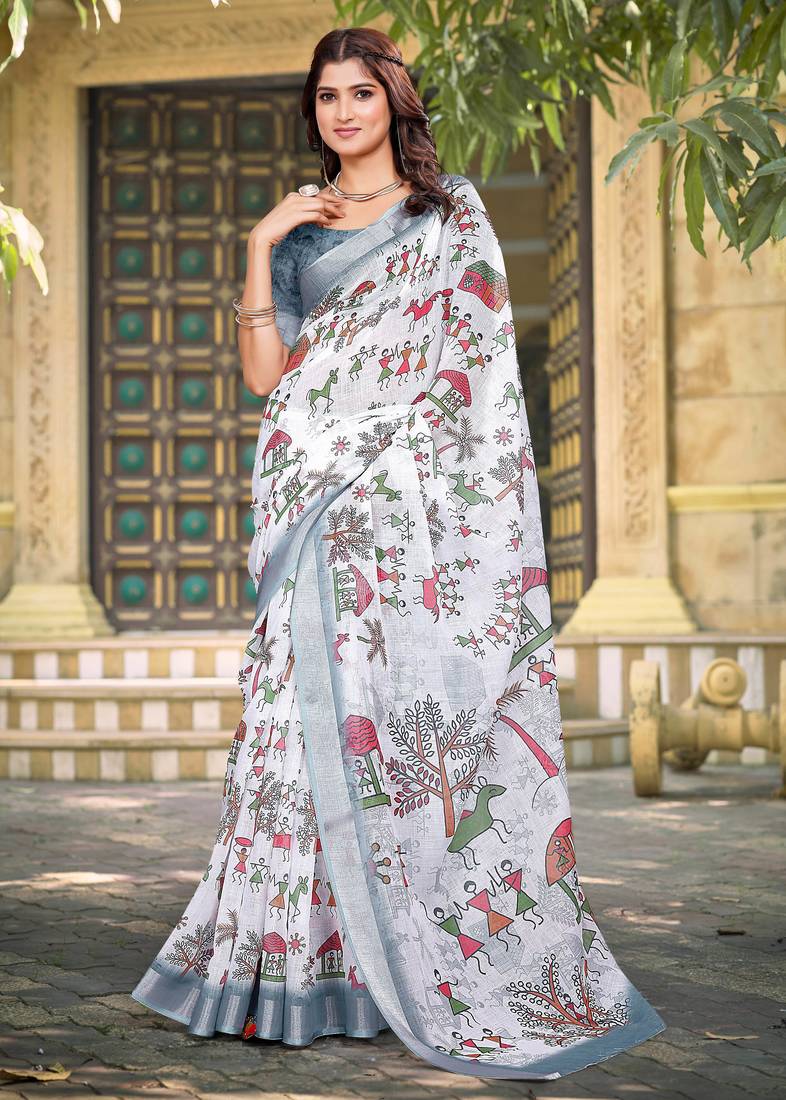 white cotton blend saree floral print (sfcl146)