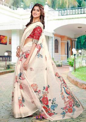 white red cotton blend saree floral print 4