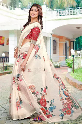 white red cotton blend saree floral print