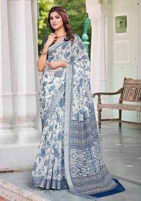 white blue cotton blend saree with floral print 1