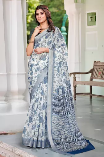 white blue cotton blend saree with floral print