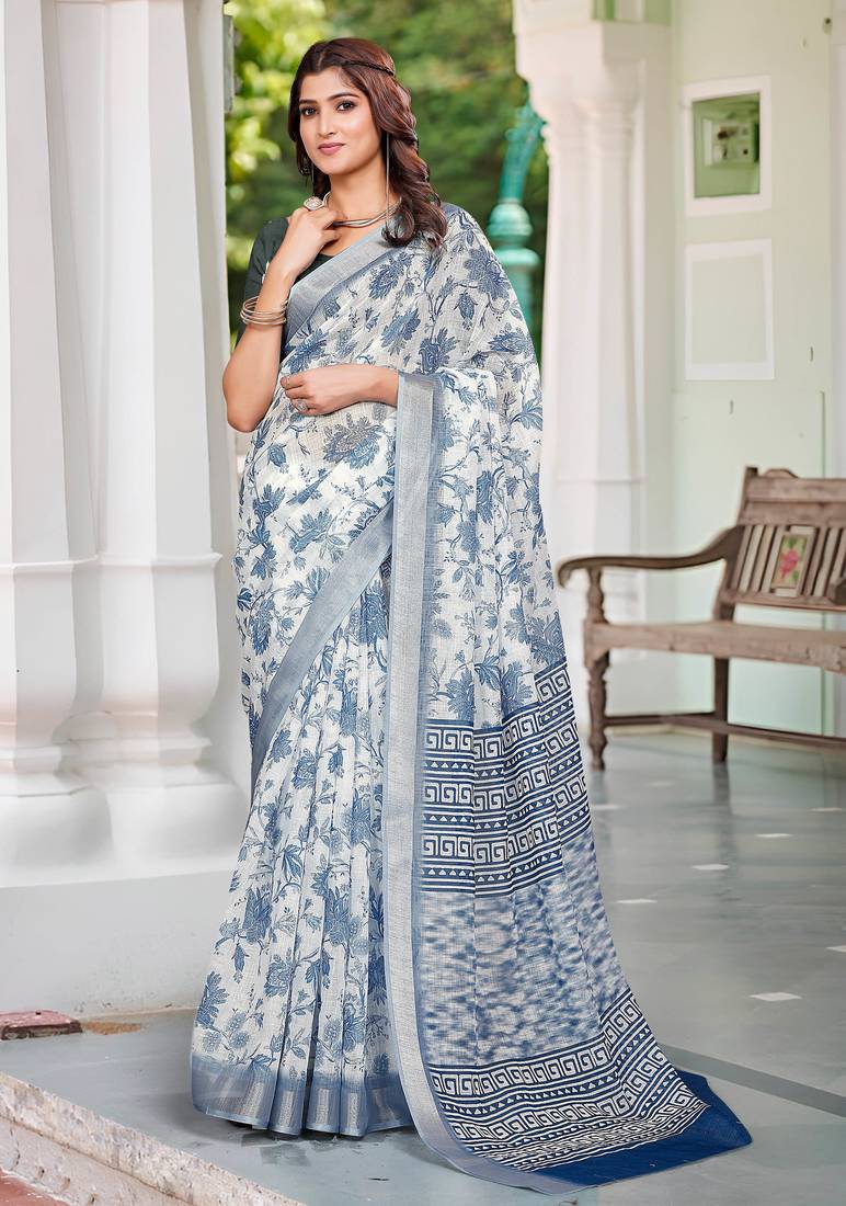 white blue cotton blend saree with floral print