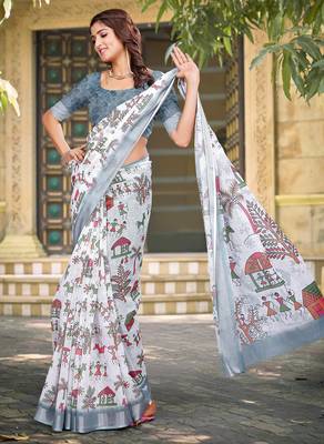 white cotton blend saree floral print 2