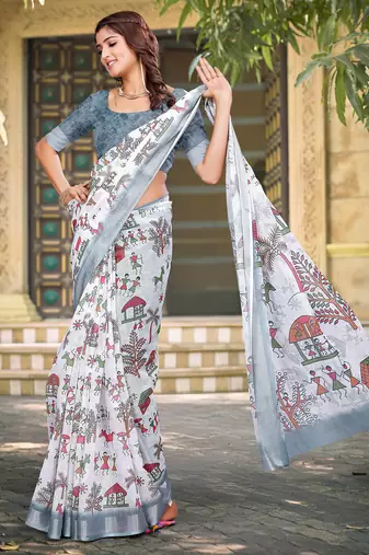white cotton blend saree floral print