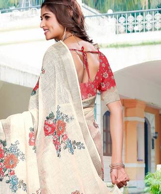 white red cotton blend saree floral print 5