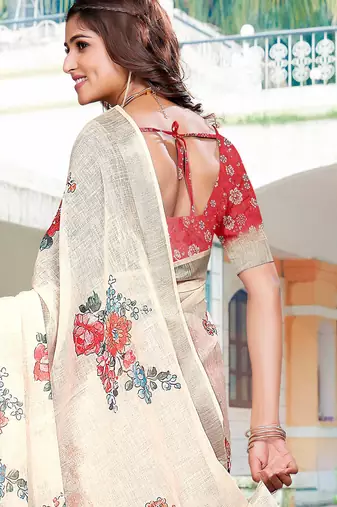 white red cotton blend saree floral print