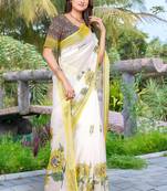 white yellow cotton blend saree with floral border print