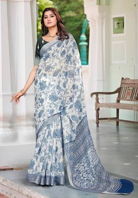 white blue cotton blend saree with floral print 2