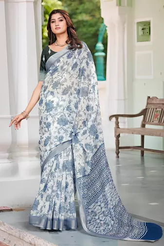 white blue cotton blend saree with floral print