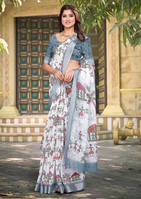 white cotton blend saree floral print 3