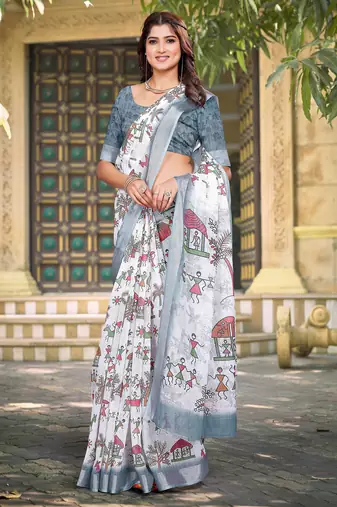white cotton blend saree floral print