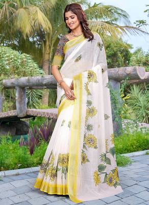 white yellow cotton blend saree with floral border print 2