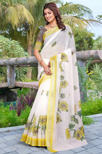 white yellow cotton blend saree with floral border print