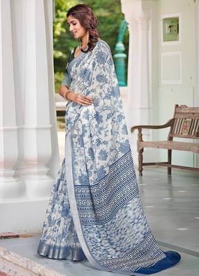 white blue cotton blend saree with floral print 3