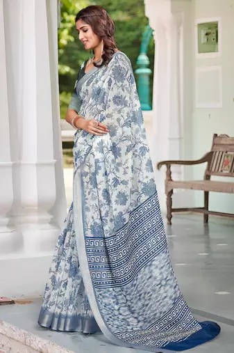 white blue cotton blend saree with floral print