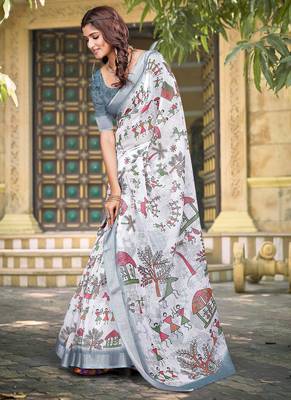 white cotton blend saree floral print 4